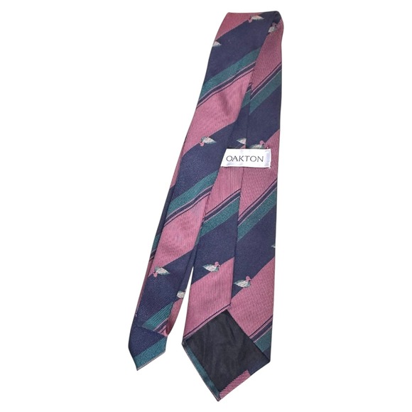 Oakton Striped Necktie Duck Motif Pink Blue Green Career Style - Picture 3 of 3